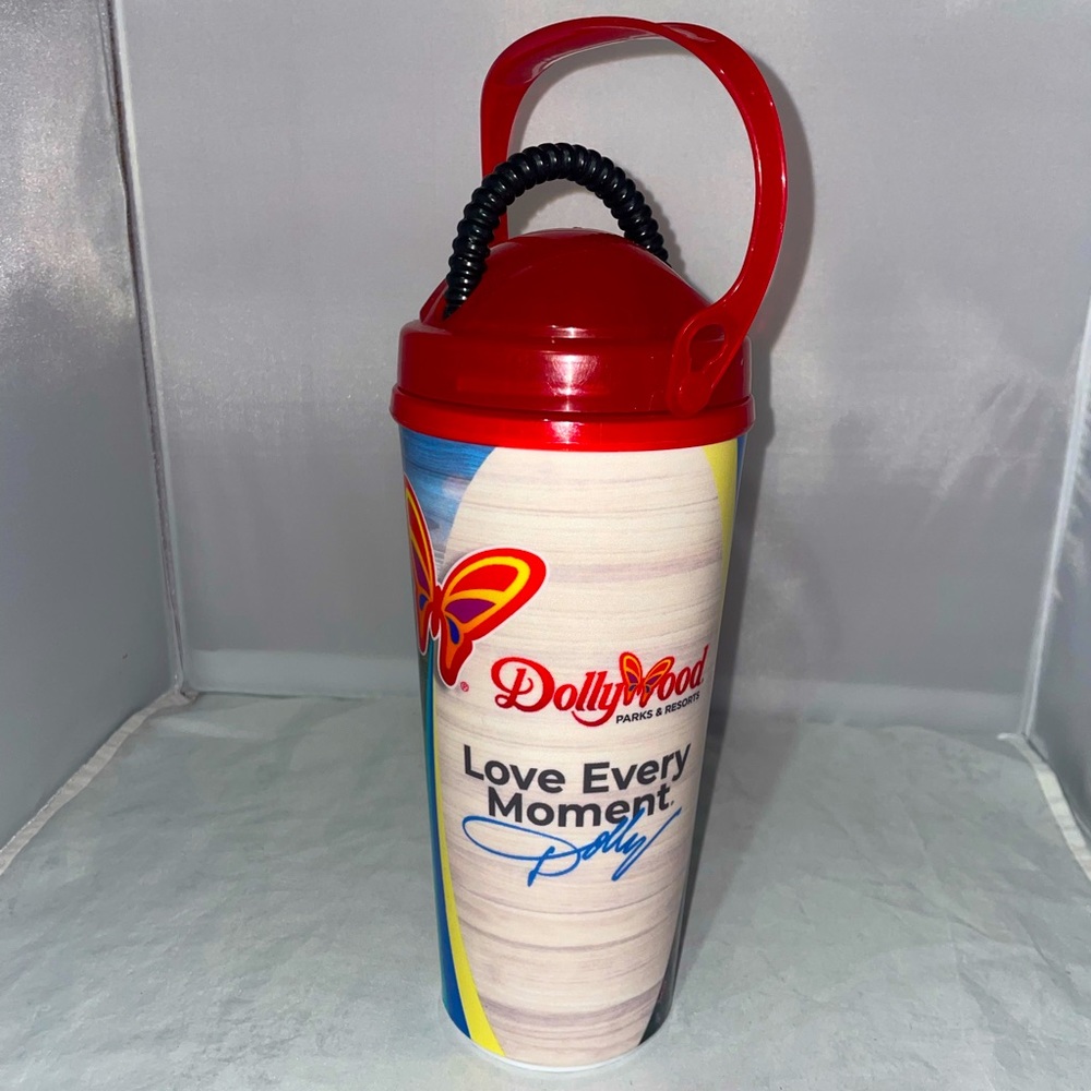 Dollywood 2023 souvenir plastic cup with straw - mountains - butterfly - dolly
